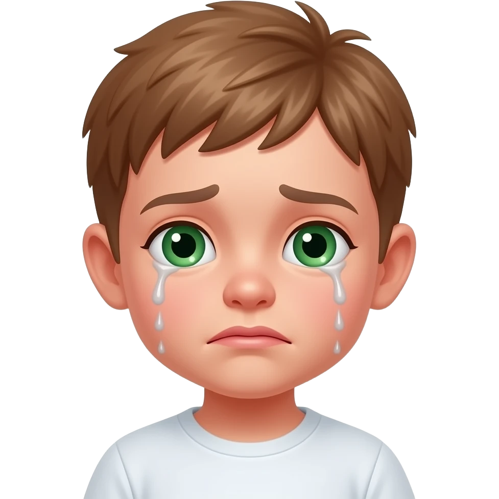 Bambino con occhi verdi capelli molto corti marroni chiari che piange emoji