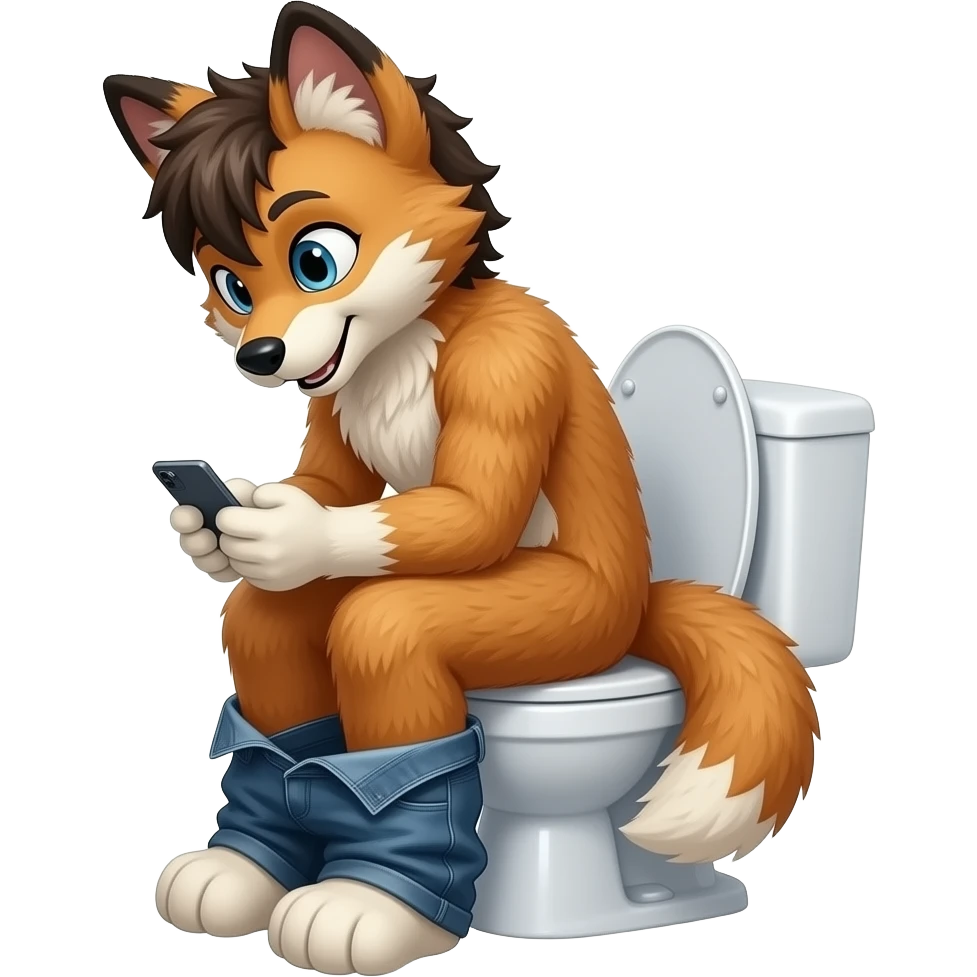 fursuit sitting on toilet, side view, pants down, looking down at phone emoji