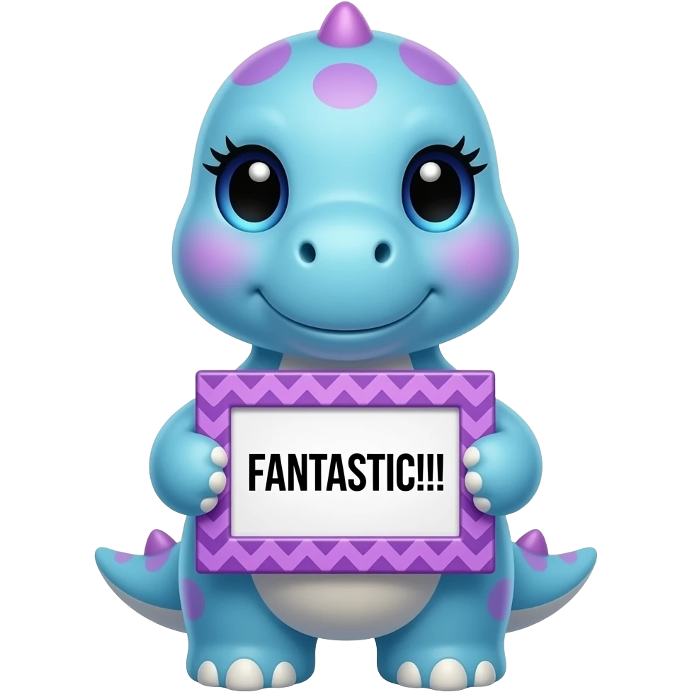 Create a super cute kawaii blue and pink gradient Animal which Looks Like a Brachiosaurus facing front with big eyes and long eyelashes and with a red winter hat holding a colorful purple zig zag frame sign with in front of its chest that says in a funny black font "FANTASTIC!!!" emoji