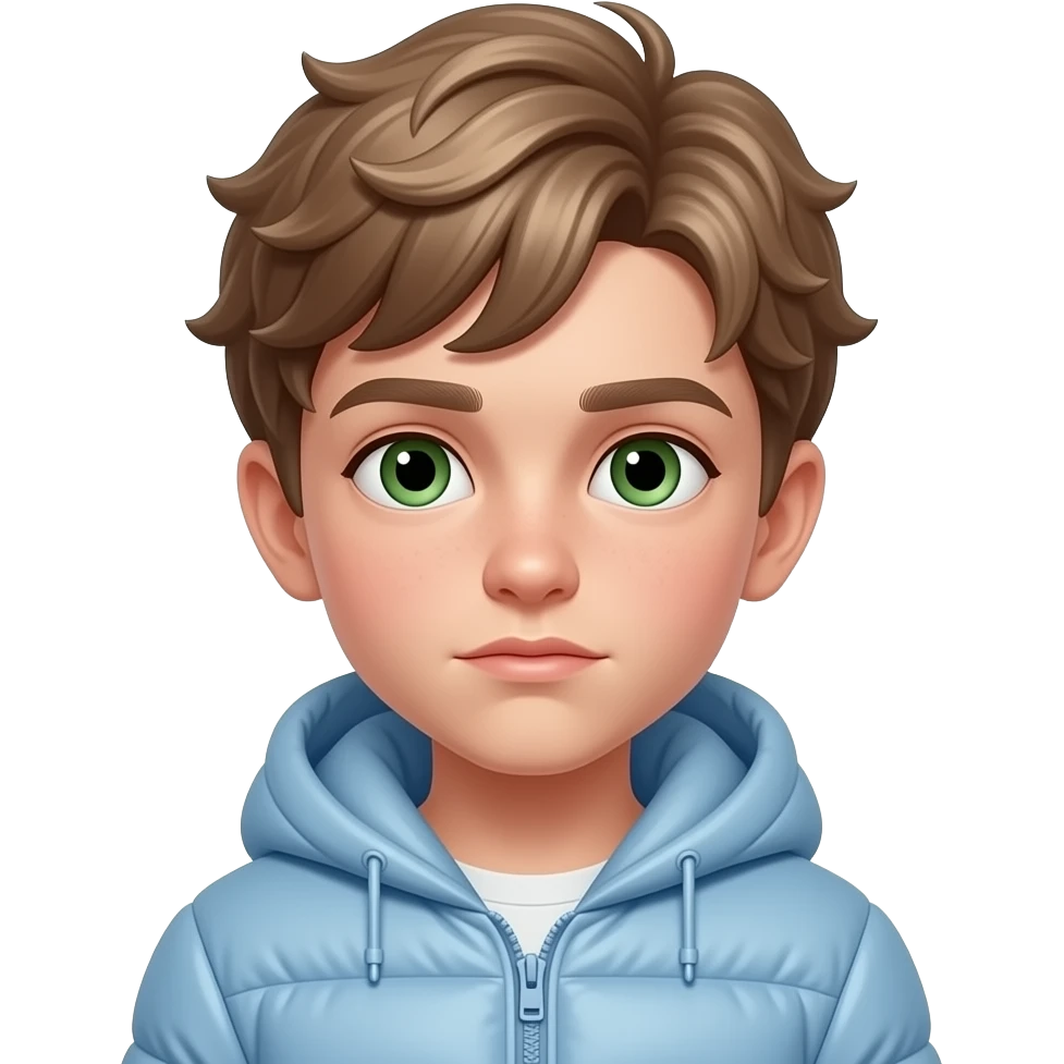 Young boy with fair skin and a slim face. Light brown, wavy and slightly messy hair with natural volume and a fringe falling forward. Green eyes with slightly thick eyebrows. Calm and slightly serious expression. Soft facial features. Wearing a light blue puffer jacket. emoji
