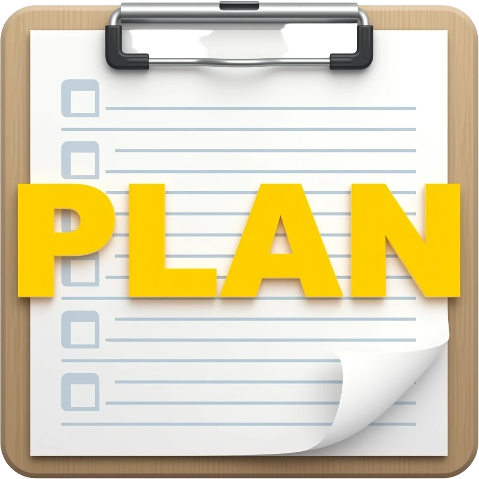 yellow text "PLAN" and emoji plan emoji
