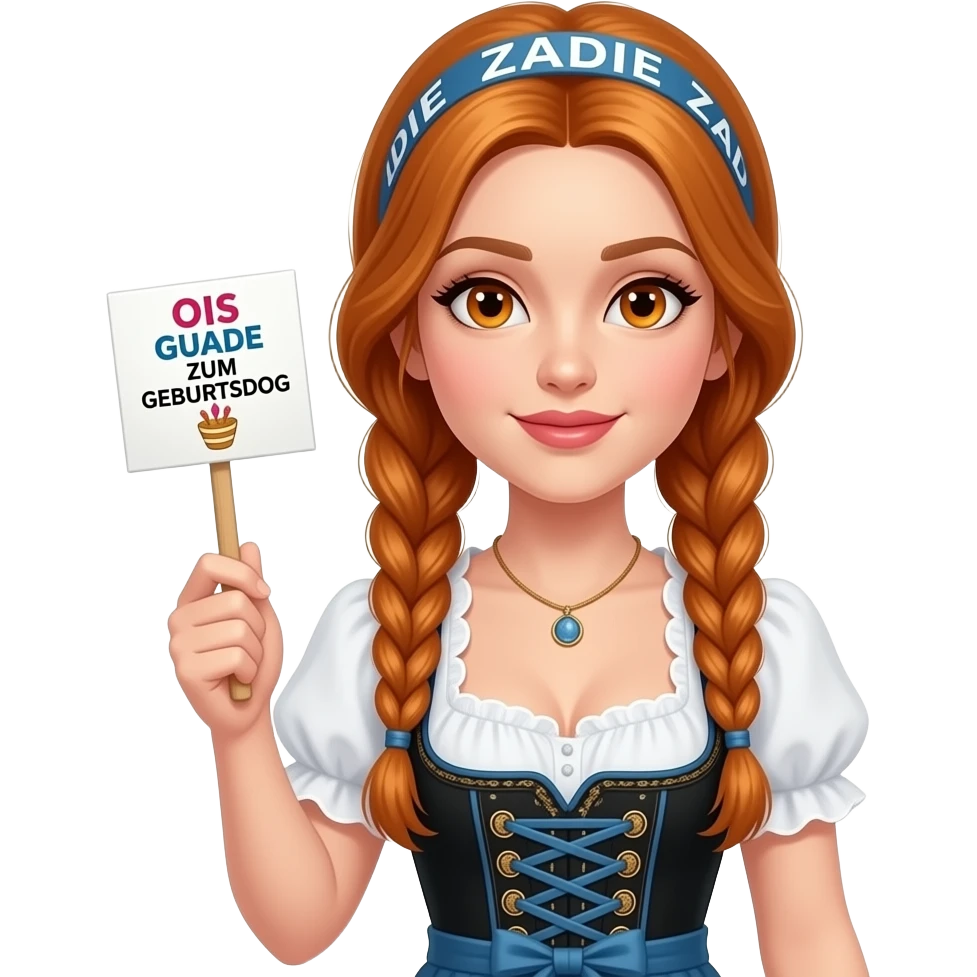 sexy girl with overlong ginger braids and ginger eyes wearing a dirndl and a headband with ZADIE written on it, is holding a sign with OIS GUADE ZUM GEBURTSDOG 🎂 written on it emoji