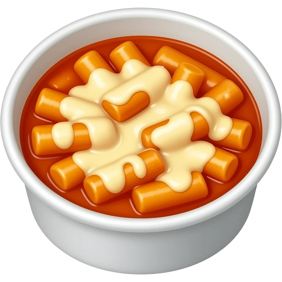 korean tteokbokki with melted mozzarella cheese in white round disposable container emoji