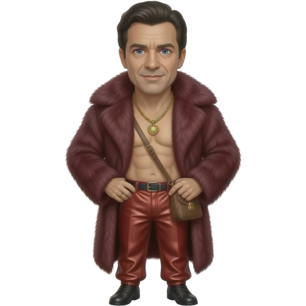Oliver Reed with blue eyes, black hair, maroon fur shawl, crimson metallic baggy pants, shirtless with necklace emoji