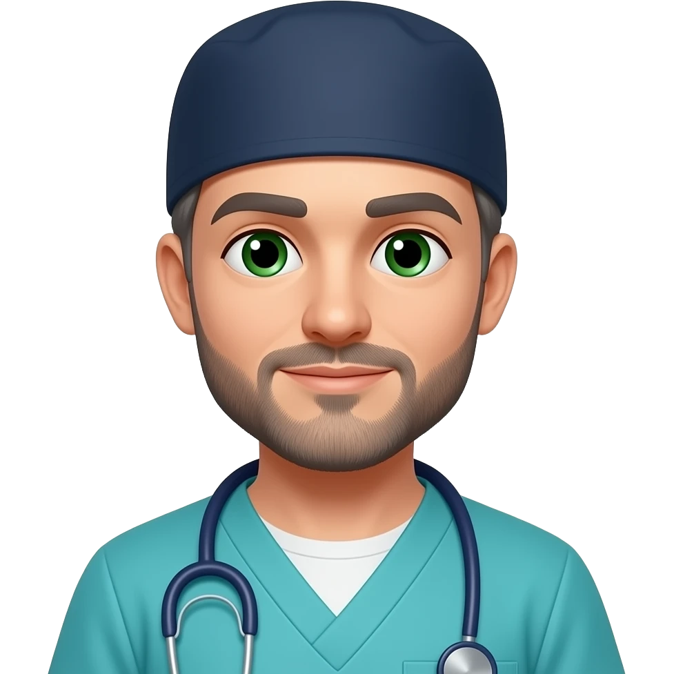 doctor with dark gray hair, beard stubble and green eyes in dark navy scub cap, torquoise scrubs with no eyeware emoji