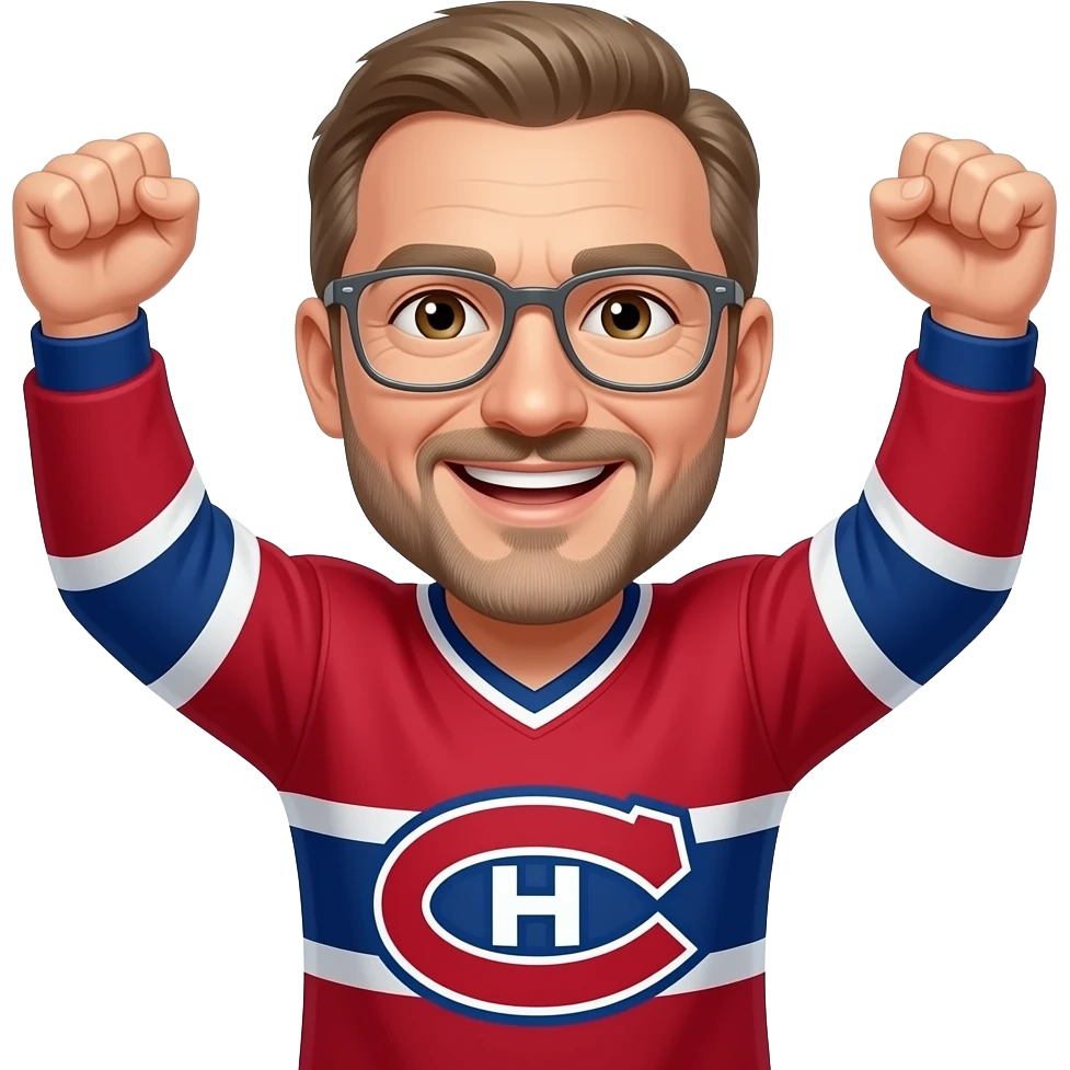 Mal, Brown eyes, bald, little blond/gray mustache, thin gray glasses, 40 years old, Montréal Canadiens, smiling, cheering arms up emoji