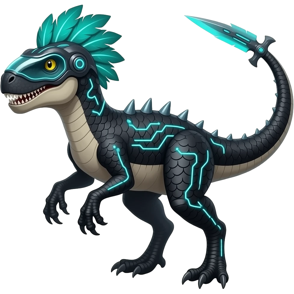 Cool edgy fiery cybernetic electrical visor-helmeted, Circuitry-patterned black-scaled digitigrade futuristic raptorik fantasy-Cyberpunk-Steampunk-Solarpunk-Genesect-Cyclizar-Salazzle-Protogen-Fakémon-animal-hybrid, with neon feather-mane, and a tail blade, back spikes emoji