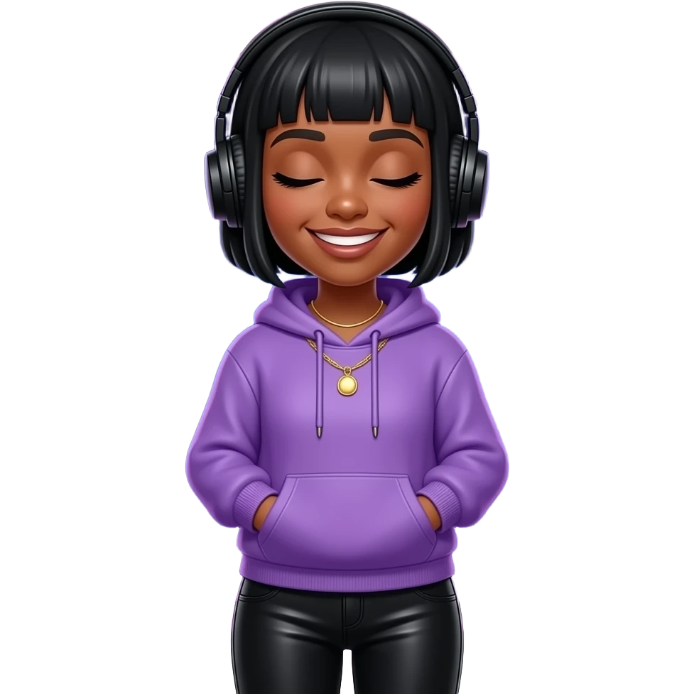 Anime/cartoon style. Black woman, eyes closed, smiling. Short TWA hair. Black headphones. Lavender hoodie, black leather pants. Gold jewelry. Glowing notes. Purple-blue cosmic background, neon rim light. Medium shot. --ar 16:9 emoji
