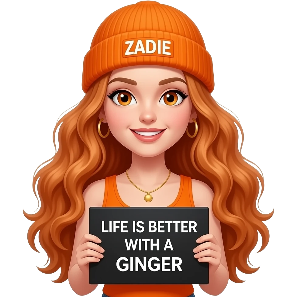 sexy girl with overlong wavy ginger hair and ginger eyes wearing a orange tanktop and a orange beanie with ZADIE written on it, is holding a black sign with LIFE IS BETTER WITH A GINGER written on it emoji