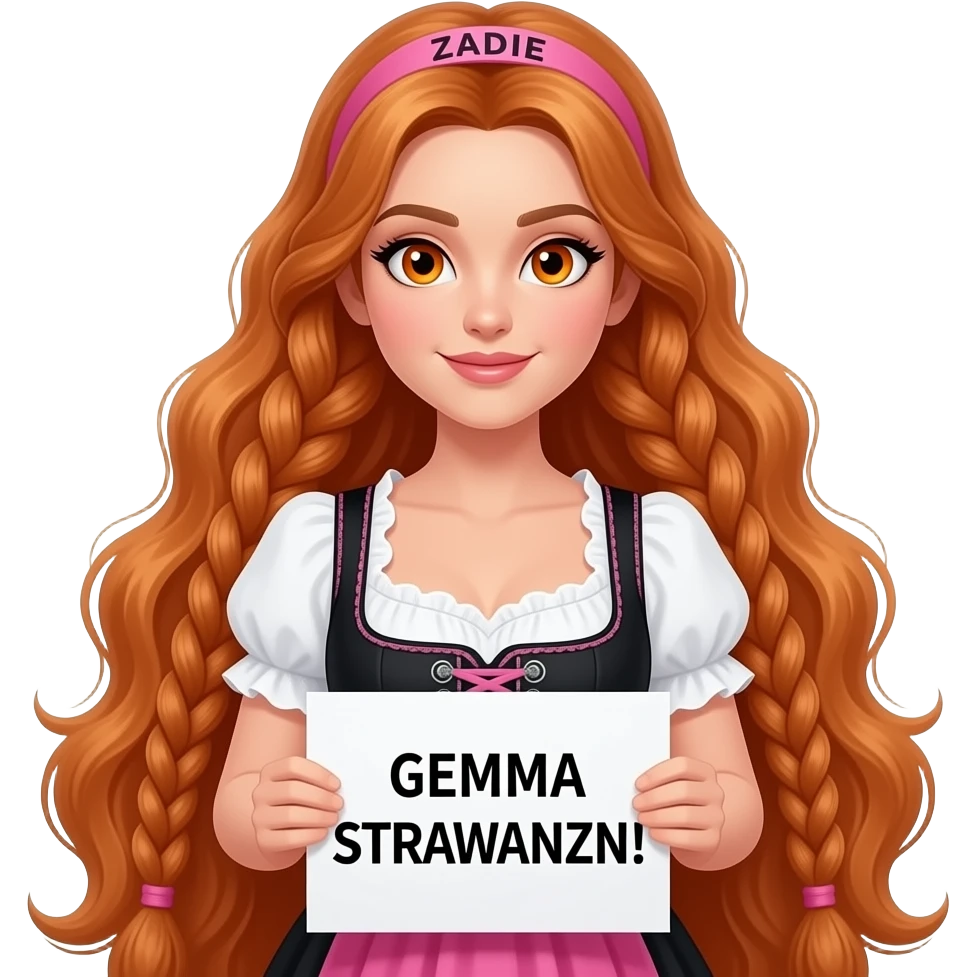 sexy girl with overlong ginger braids and ginger eyes wearing a black pink dirndl and a pink headband with ZADIE written on it, is holding a sign with GEMMA STRAWANZN! written on it emoji