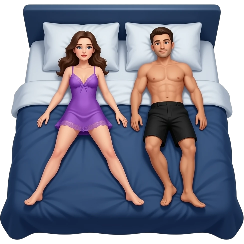 woman, in lacy purple chemise, laying legs apart, on navy blue king size bed, with man laying beside her with black shorts on emoji