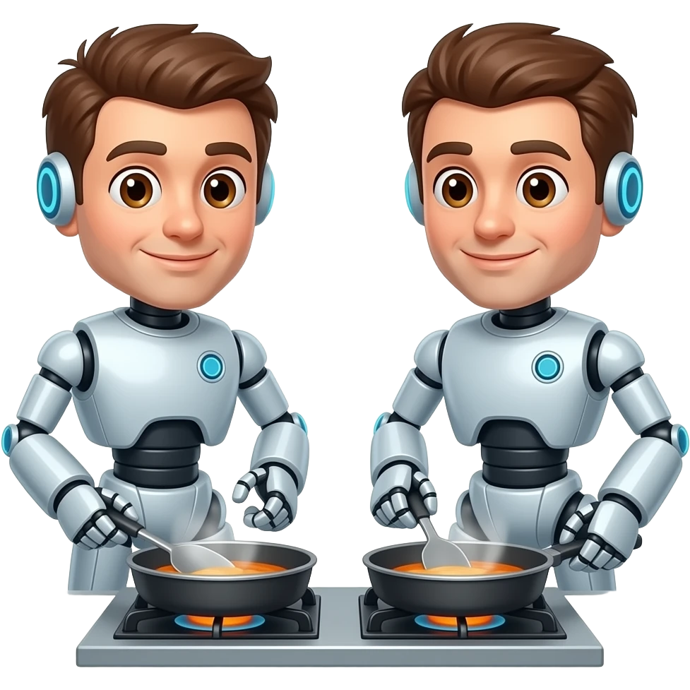 pair of funny friendly looking robots cooking, their faces look like 2 different humans (white dudes, no beard, brown hair, brown eyes) emoji