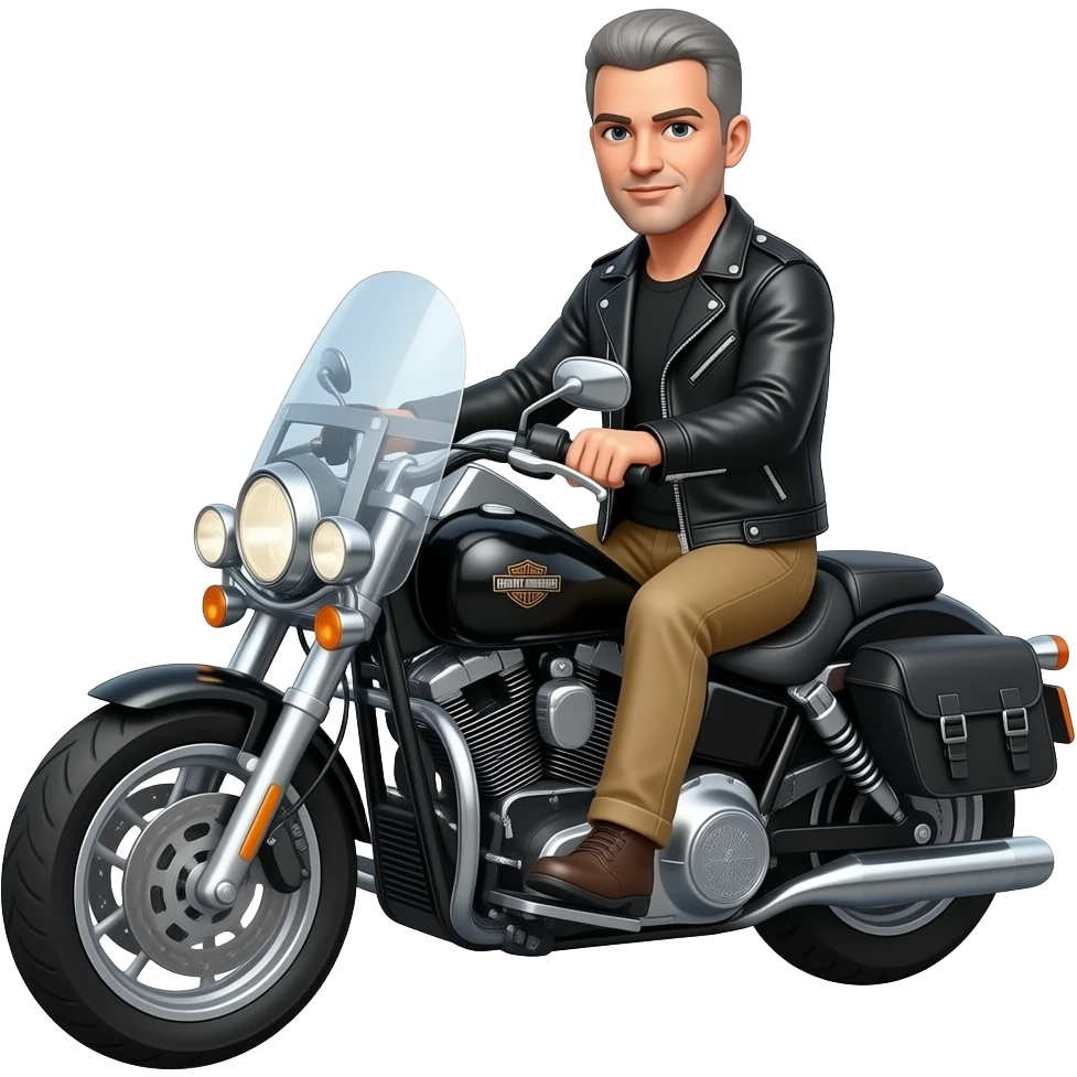 Black and gray short hair clean shaven man with no beard in black leather jacket and black shirt and tan pants riding on a harley with a windshield and saddlebags emoji