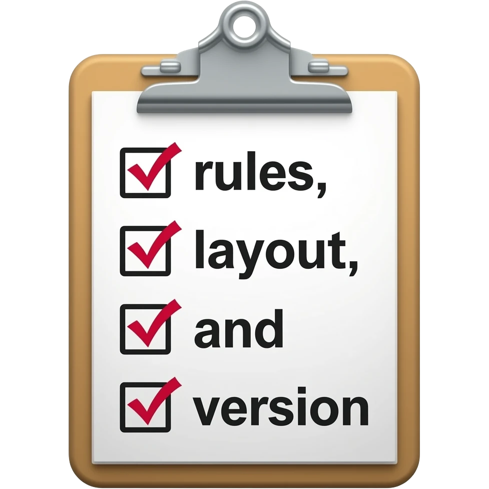 make an emoji of a checklist clipboard saying rules, layou, and version emoji