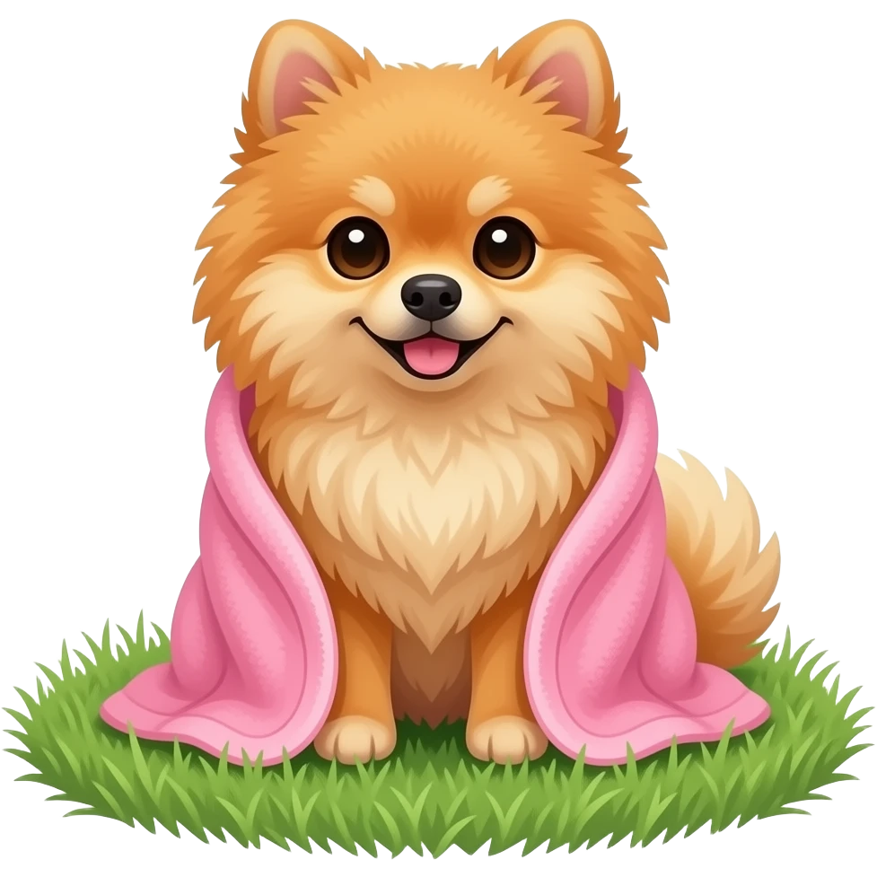 A Pomeranian dog wrapped in a pink towel sitting on the grass in the yard emoji