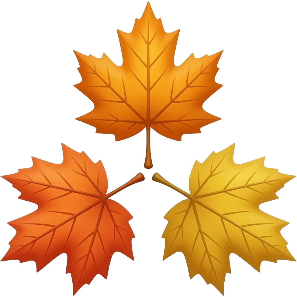three maple leaves in shades of orange and yellow, arranged in a triangular formation against a white background. The leaves have prominent veins and a glossy finish, with their stems meeting at a central point. emoji