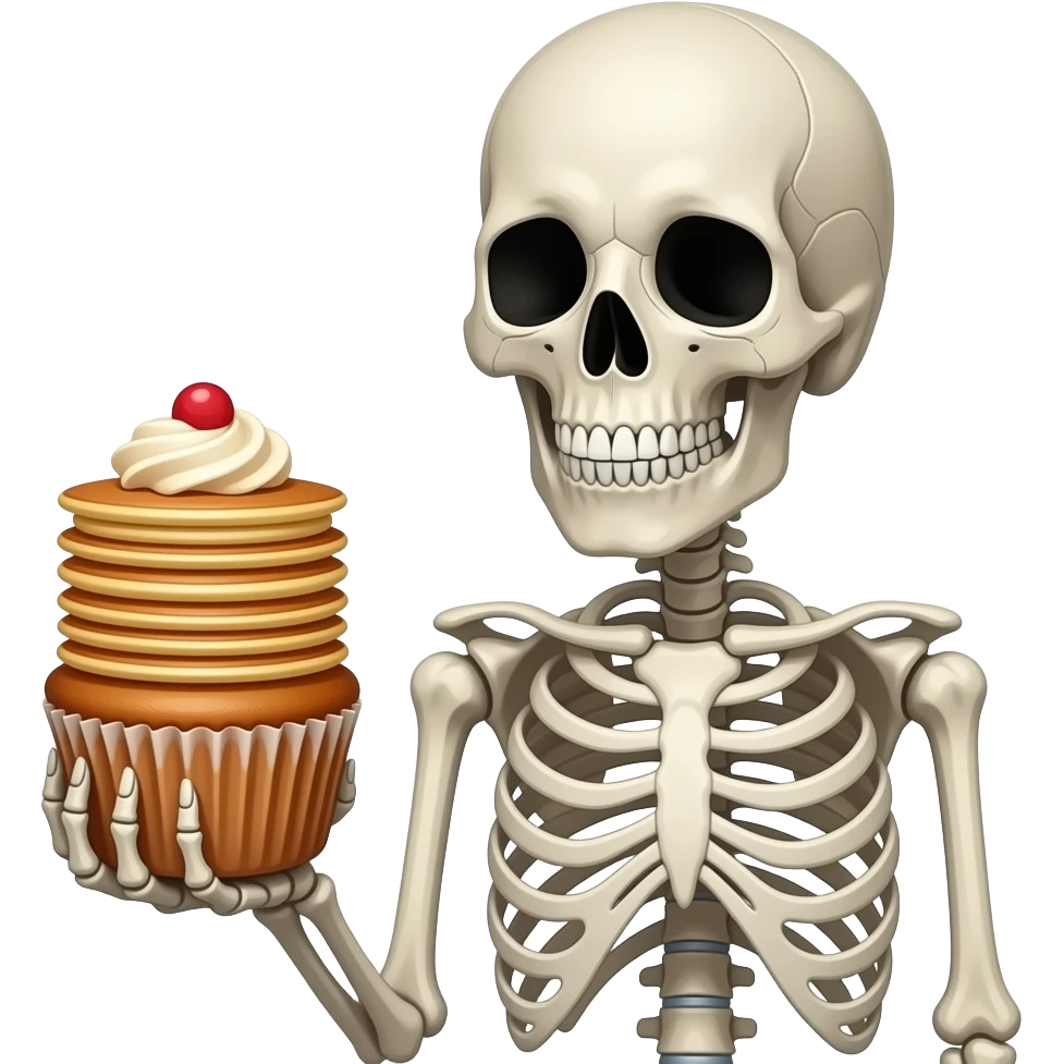 Skeleton holding cupcake with a stacks of pancakes on top emoji