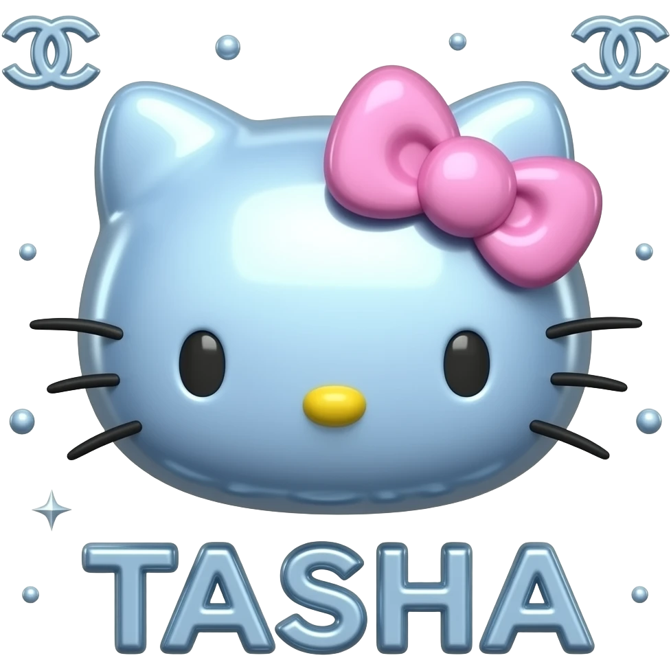 Glossy 4D pink and blue and silver velvet hello kitty head with the 3D letters TASHA underneath with an outlined bow and surrounded with dots and shimmering Chanel symbols emoji