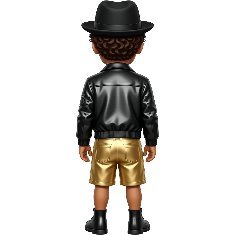Bruno Mars from behind with dark brown curly hair, black hat, black metallic jacket, gold metallic baggy shorts without pockets, black shoes emoji