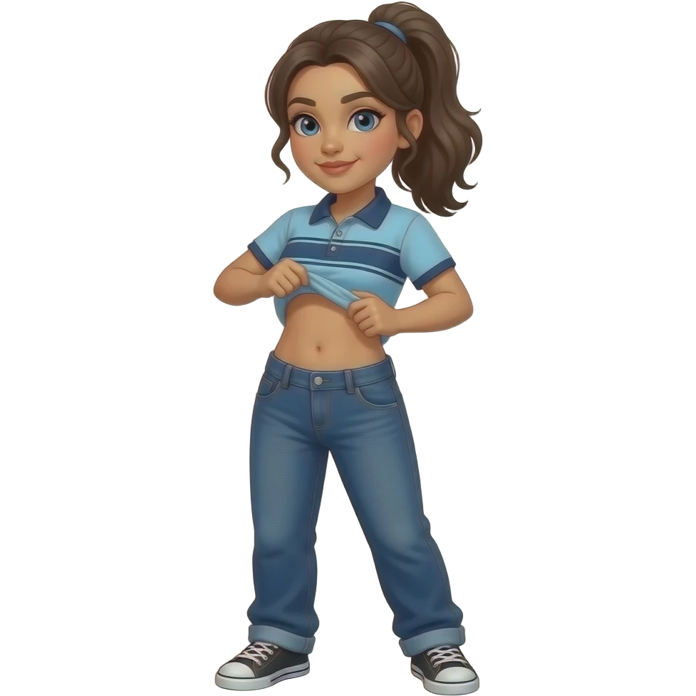 Hispanic girl with brown ponytail and blue eyes light blue dark blue lined polo and dark blue baggy jeans and belly button and black and white sneakers lifting her shirt funny belly trick emoji