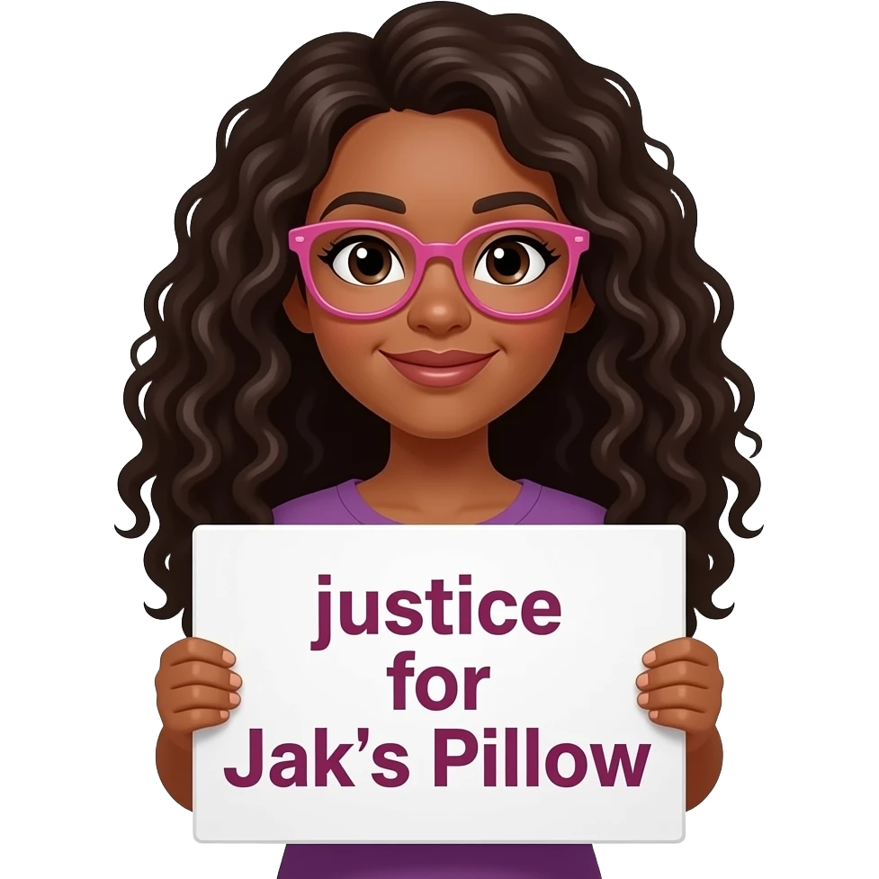 A curvy light skinned woman with long curly hair with a side part, and pink glasses, and holding a sign that says "justice for Jak's Pillow" emoji