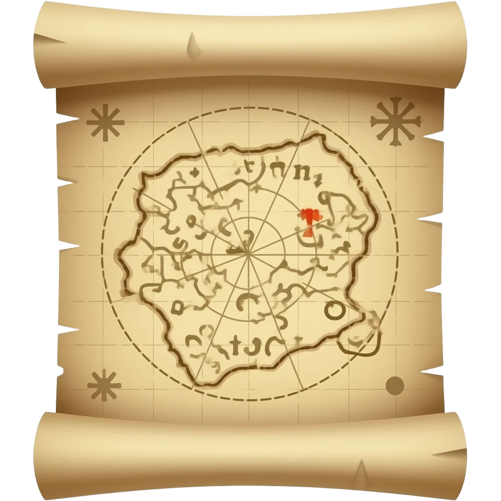 A treasure map, highly detailed, a small red Maltese cross X marks the location of the treasure, old parchment, slightly scrolled ends emoji