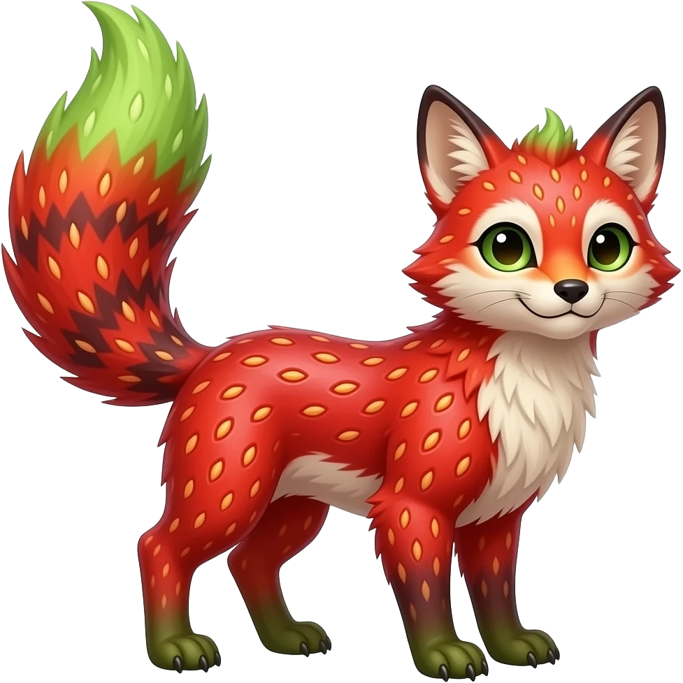 Feral Rare Fantasy vibrant tropical strawberry-colors-themed, red and sanguine, and lime-collred Vernid-Trico-species-creature by LiLaiRa, random markings, tufted tail, tufted ears, full body emoji
