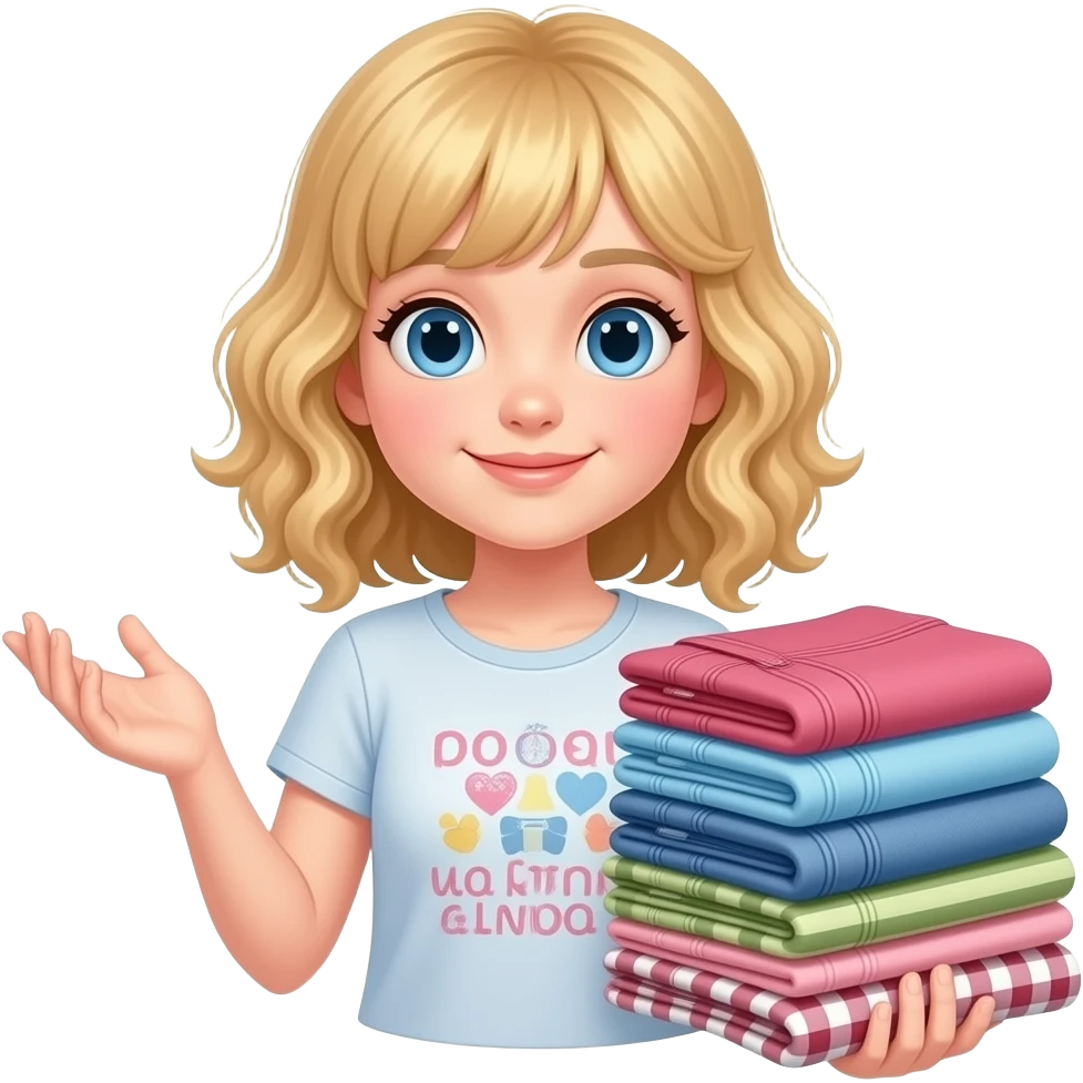 white kid blue eyes mid length with bangs soft curly hair to shoulders in color: middle to little darker blond, prepare outfit for tomorrow, a short trousers  folded in a pile by her side emoji