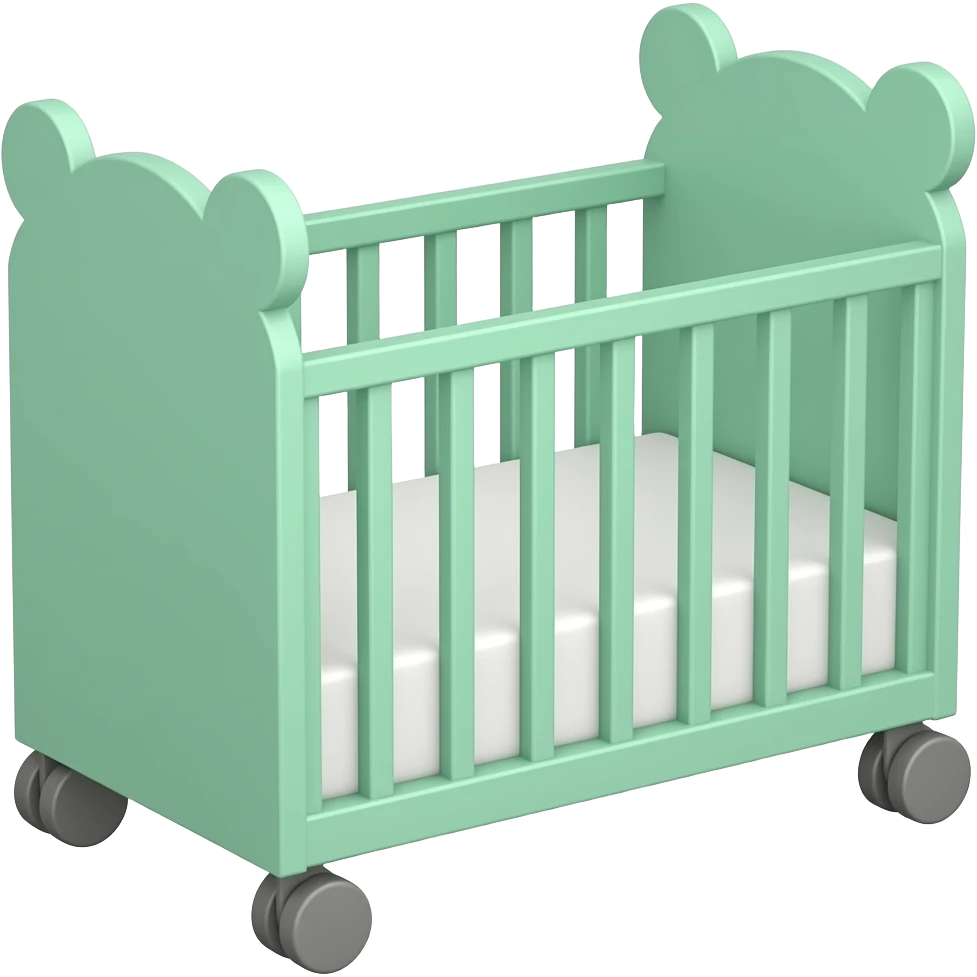 Mint baby crib with wheels and bear ears emoji