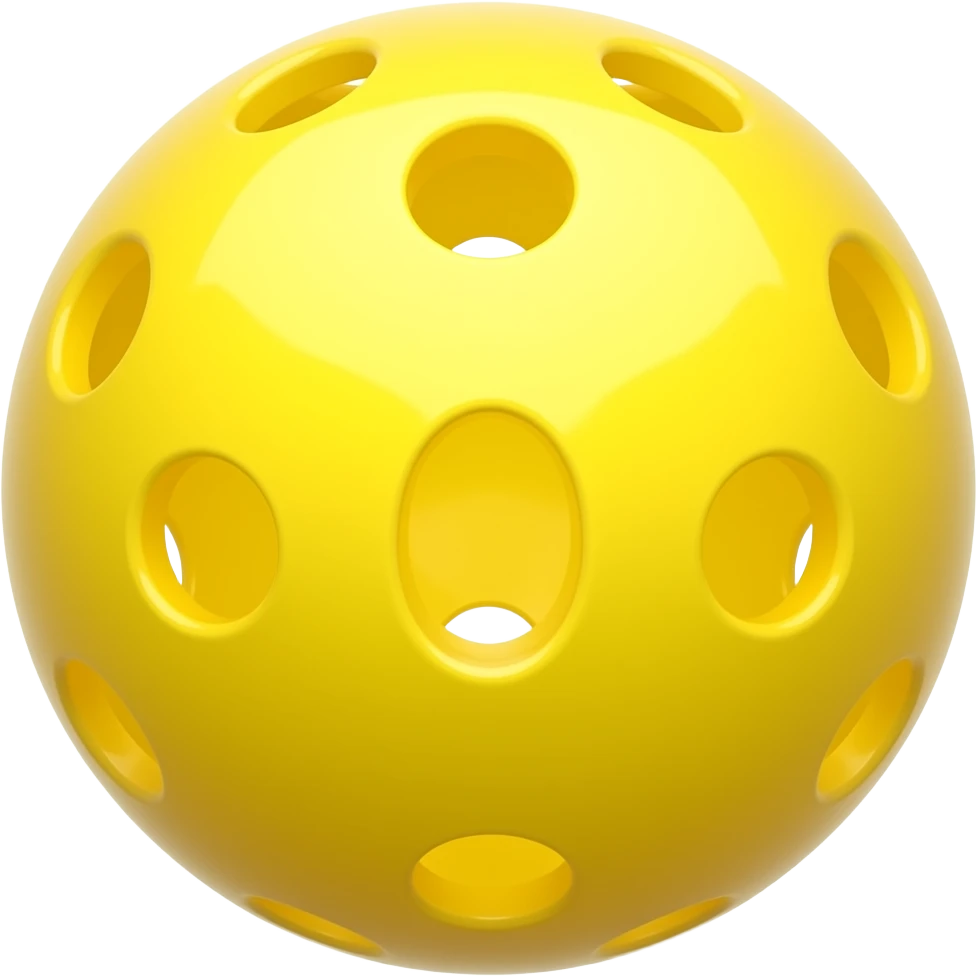 yellow pickleball with 33 holes, brightly lighted with lights around and behind the camera and rotated to perfectly center its hole into the camera emoji
