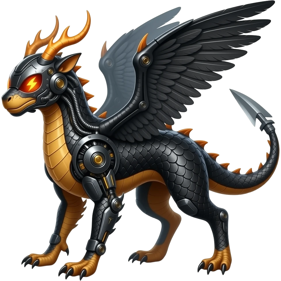 Cool edgy fiery bipedal scaly cybernetic electrical visor-helmeted, Circuitry-patterned black-scaled digitigrade futuristic fantasy-Cyberpunk-Steampunk-Solarpunk-Genesect-Cyclizar-Salazzle-Protogen-Fakémon-animal-hybrid, feathery, tail blade, back spikes emoji