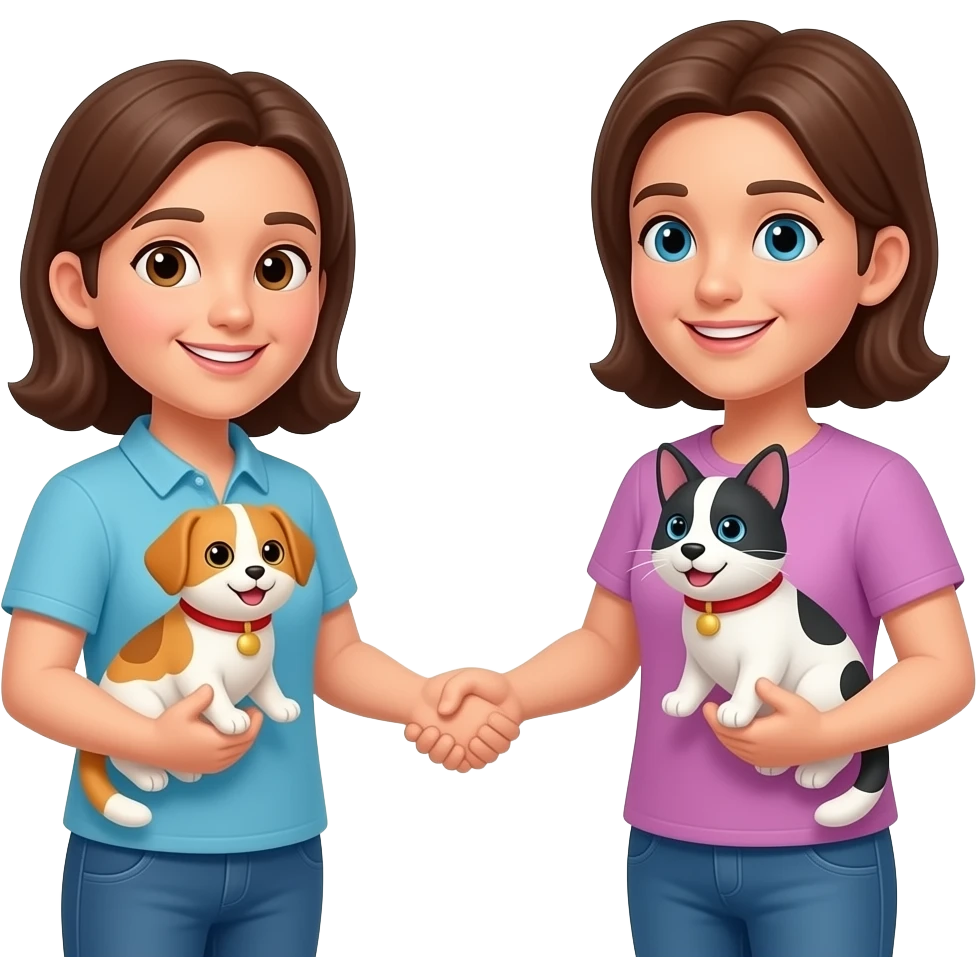 각자 반려동물을 안고 서있는 남자와 여자가 악수 emoji