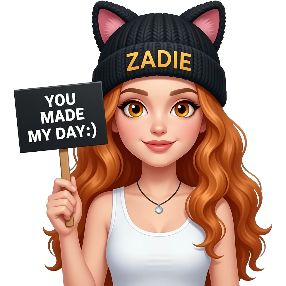 sexy girl with overlong wavy ginger hair and ginger eyes wearing a white tanktop and a black pom pom hat with cat ears with ZADIE written on it is holding a black sign with YOU MADE MY DAY :) written on it emoji