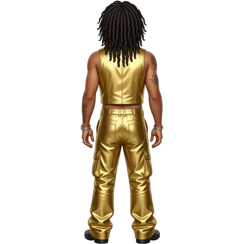 Lenny Kravitz from behind with long locs, gold vest, gold metallic baggy pants, shirtless emoji