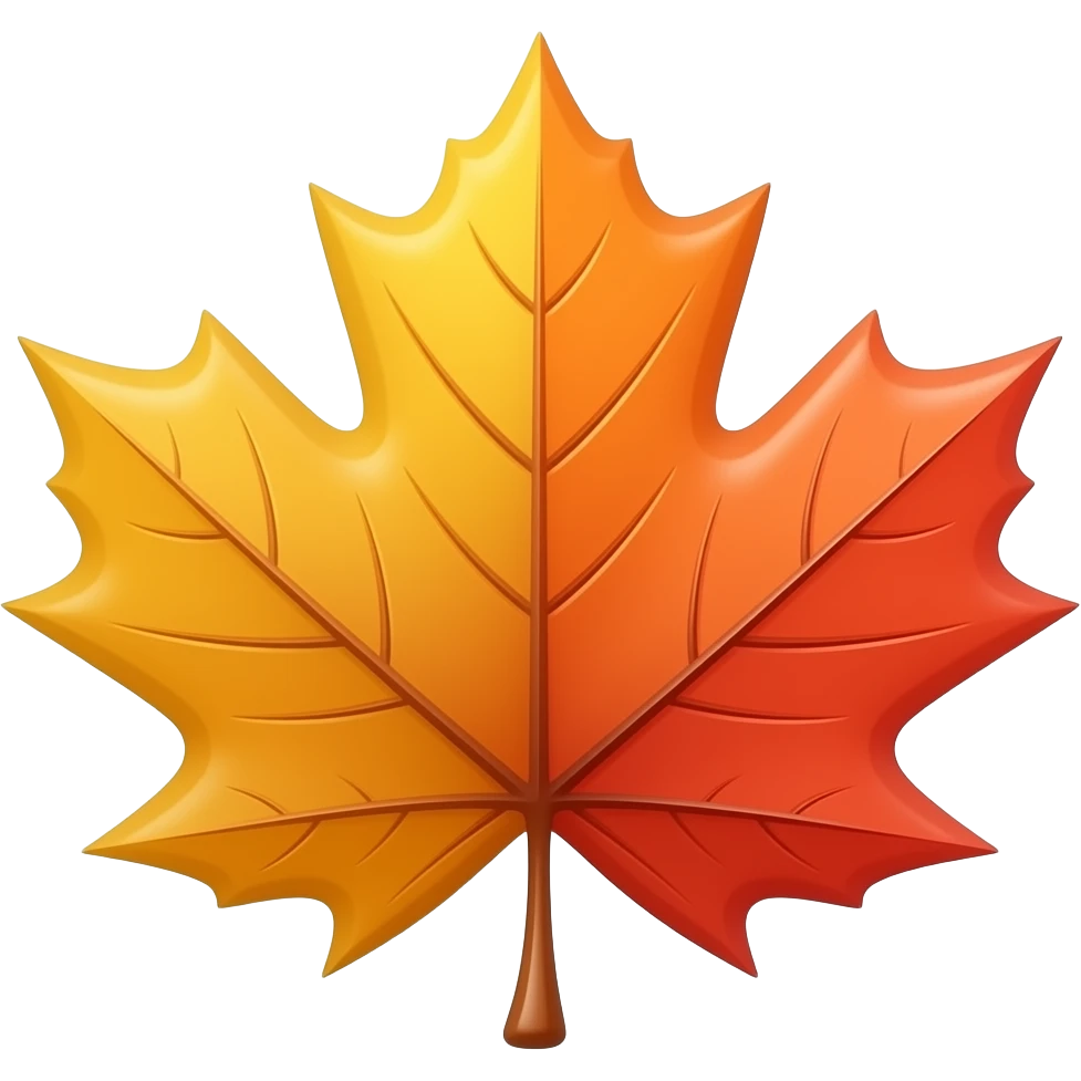 A fan of maple leaves in shades of yellow, orange, and red is arranged against a white background. The leaves are depicted with a glossy finish and prominent veins. The arrangement fans out from a central point, with the stems subtly visible at the bottom. emoji