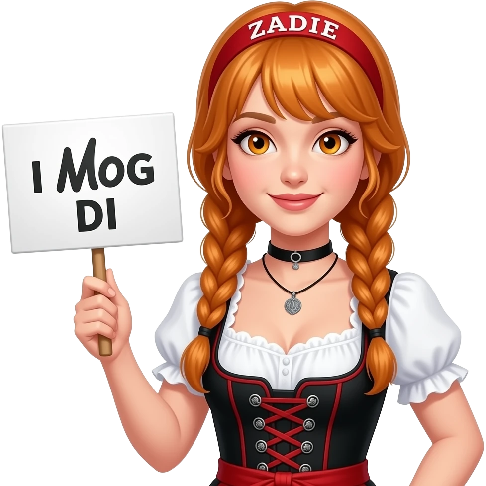 sexy girl with overlong ginger braids and ginger eyes wearing a black red dirndl and a red headband with ZADIE written on it, is holding a sign with I MOG DI written on it emoji