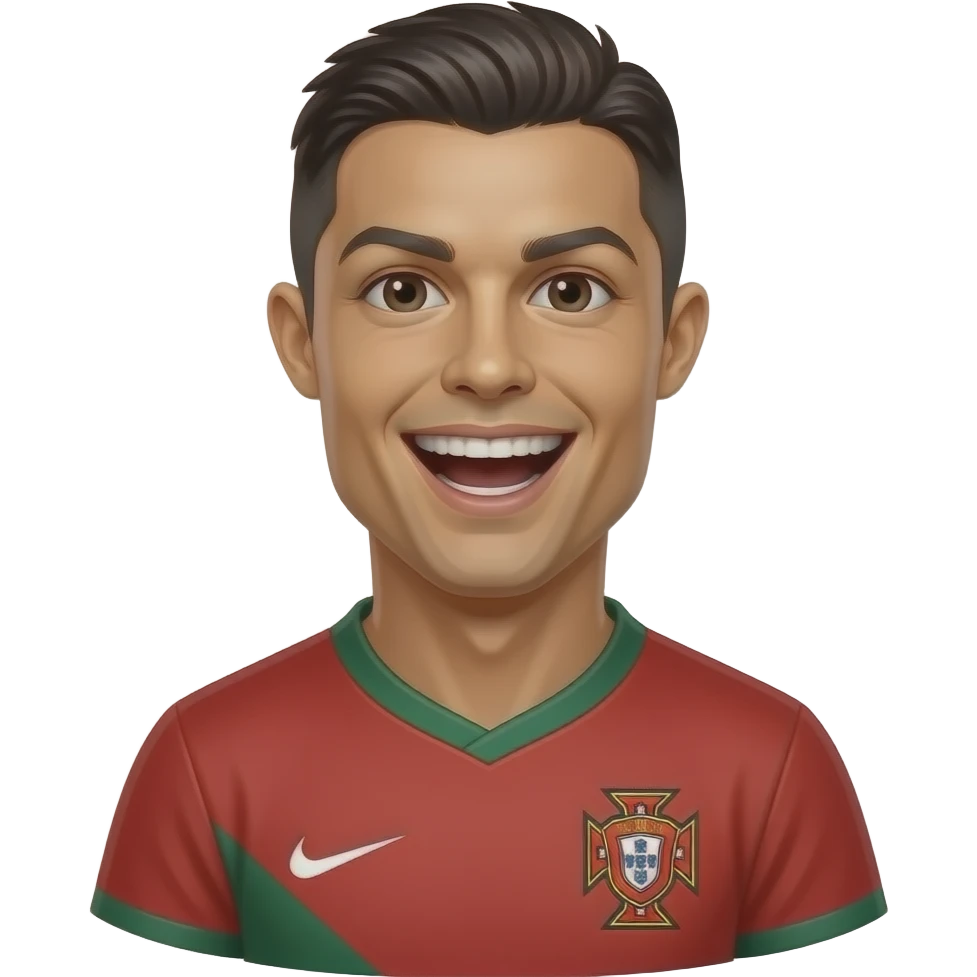 Cute man Cristiano Ronaldo, Portugal jersey, laughing happily, glossy 3D emoji sticker, white outline, transparent background, ultra detailed. emoji