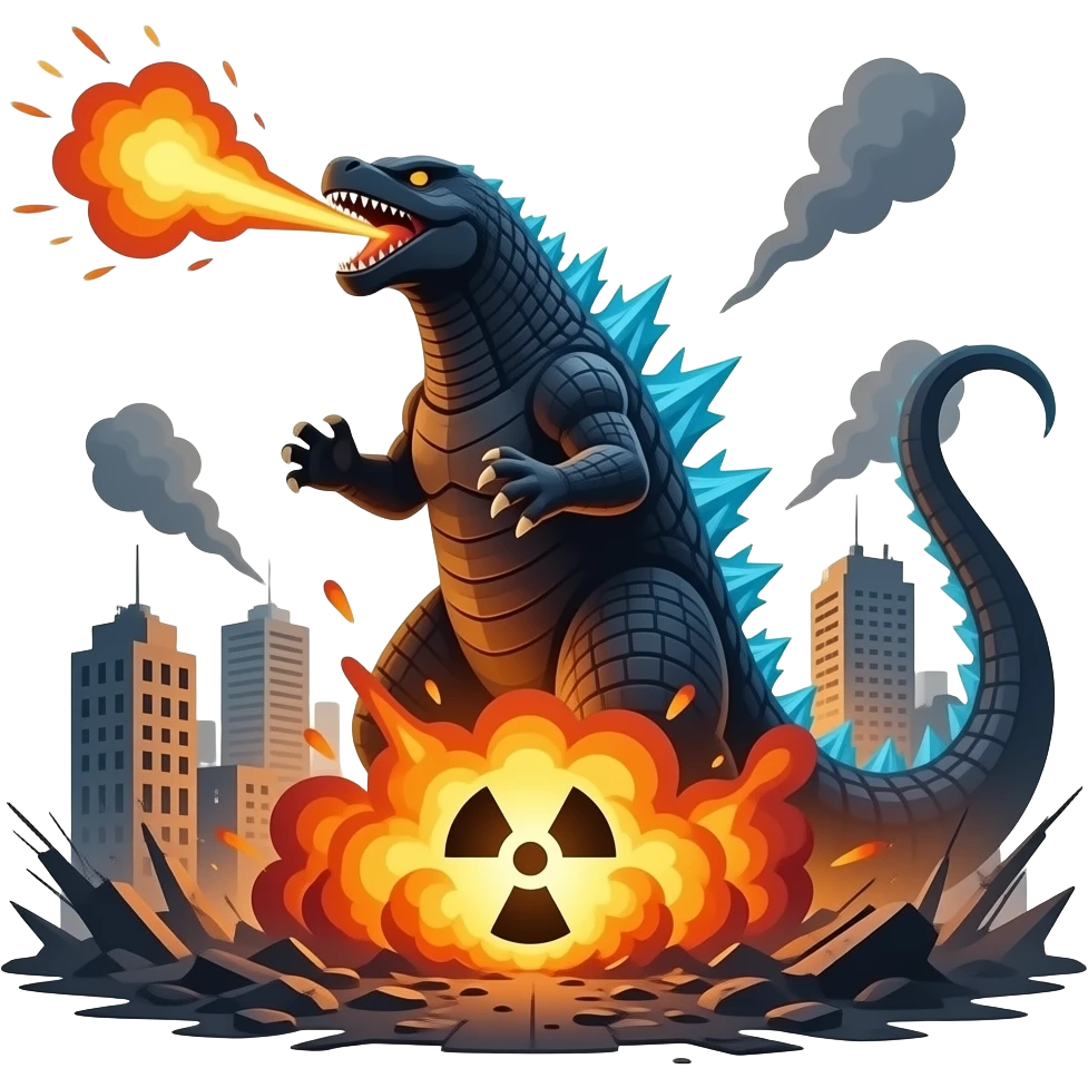 Godzilla minus one on atomic explosxion on destroyed city and doing atomic breath emoji