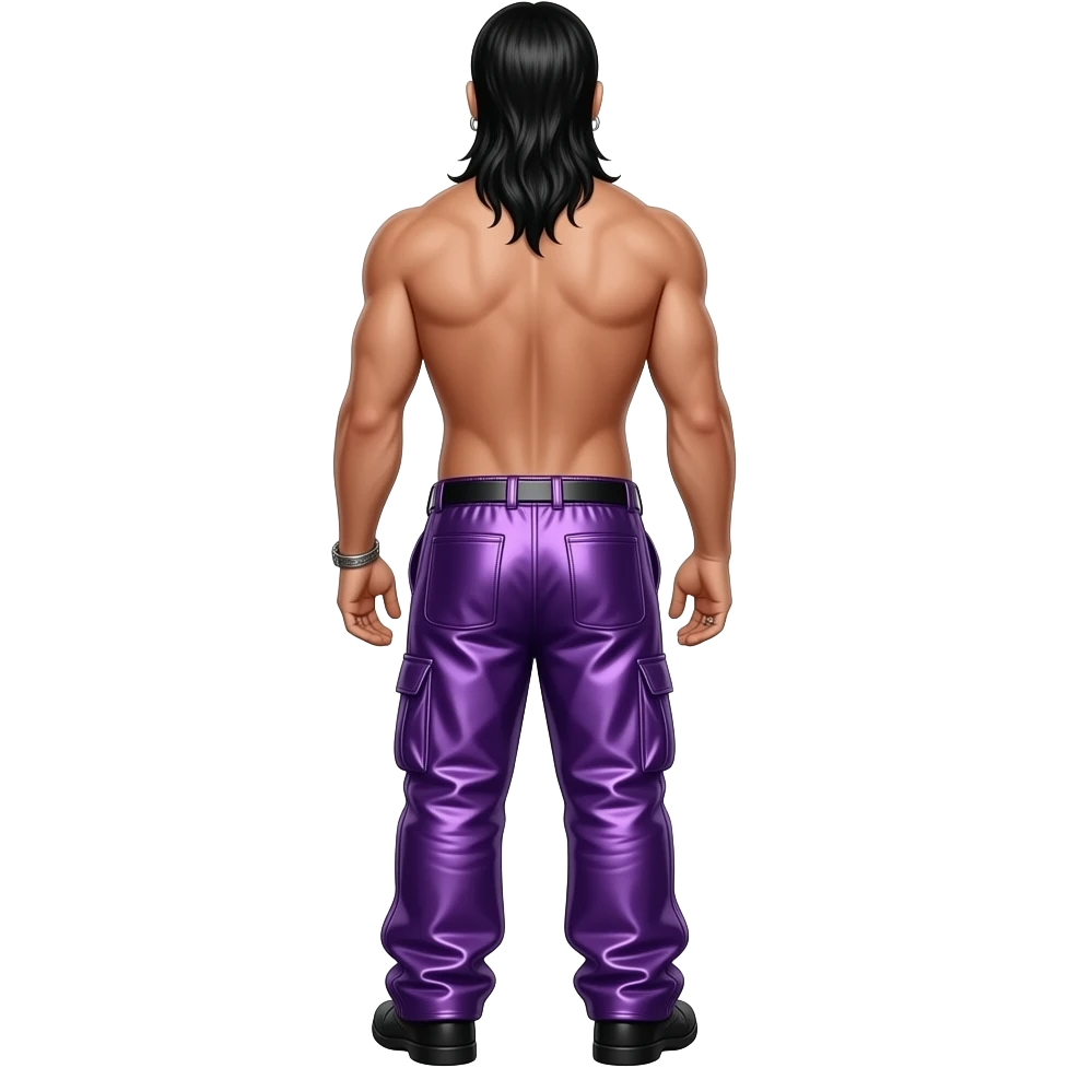 Jonathan Davis from behind with long black hair, purple metallic baggy pants, shirtless with necklace and earrings emoji