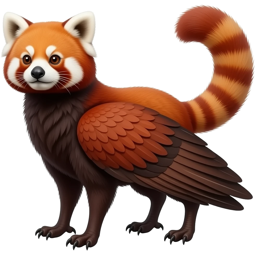 A beaked beaky 4-legged, feral, digitigrade, lanky, elegant, Gryphon-Griffin-Griff-Avian-hybrid, with Red-Panda-colors and markings, full body, cute, realism, with a long thin tufted tail, hyper-realistic emoji