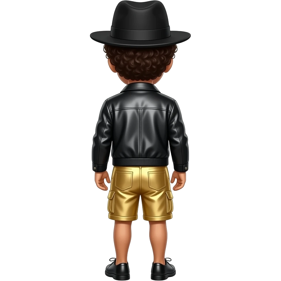 Bruno Mars from behind with dark brown curly hair, black hat, black metallic jacket, gold metallic baggy shorts, black shoes emoji
