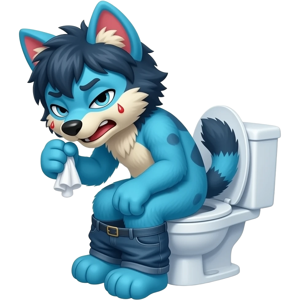 blue fursuit sitting on toilet, side view , pants down, pushing, straining face,  uncomfortable, wiping , sweating, red face emoji