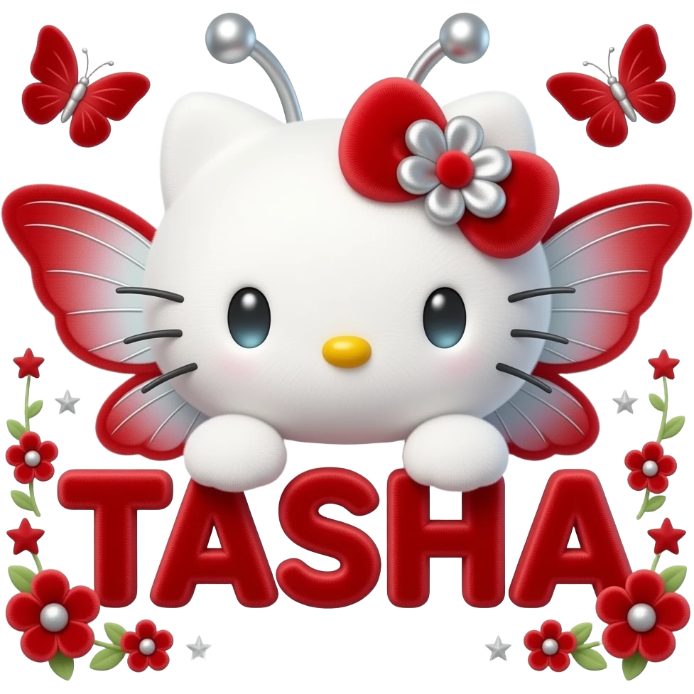 White velvety fur 3D hello kitty head, silver eyes, red silver white 3D ...