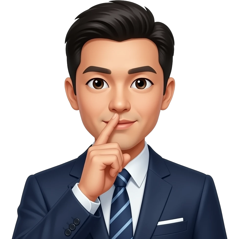 입 옆에 손을 대며 귓속말을 하는 정장 입은 동양인 남자 emoji