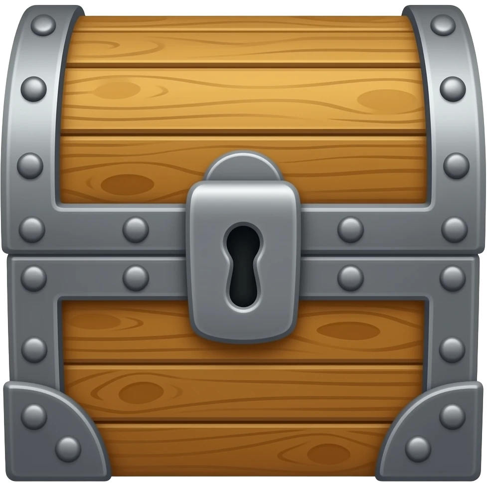 Hyper-realistic, Wooden treasure chest with iron fittings, closed, facing forward emoji