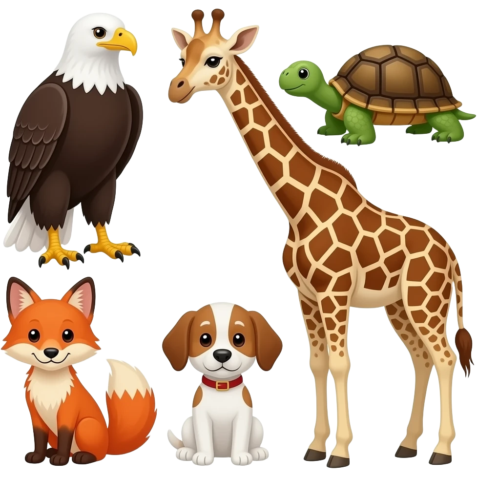 eagle, turtle, giraffe, fox, puppy emoji