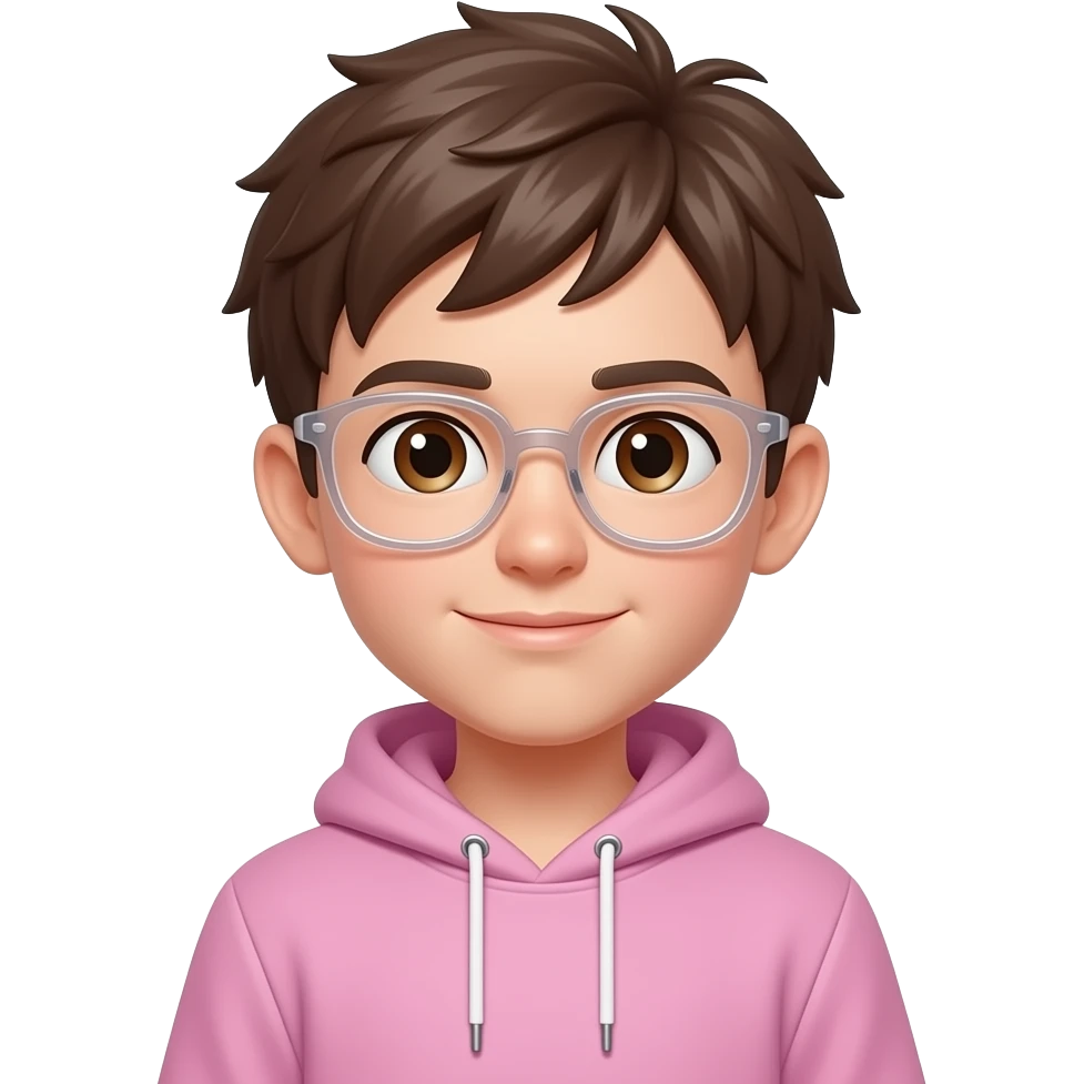 Un garçon avec une tête un peu longue ovale et pas ronde  la peau beige des yeux marrons les cheveux de la même couleurs un peu en pagaille des lunettes transparente un hoodie un peu large rose pale emoji