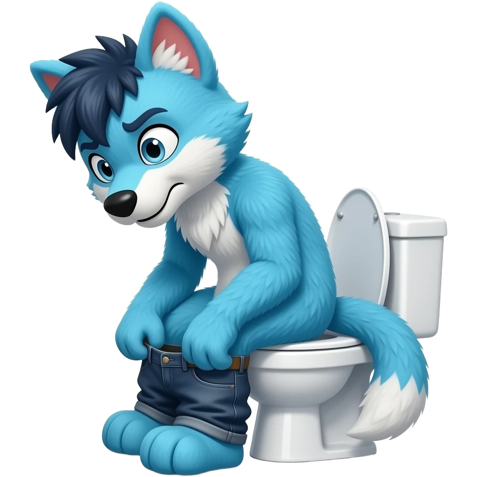 blue fursuit sitting on toilet, side view , pants down, pushing, straining face,  uncomfortable, emoji