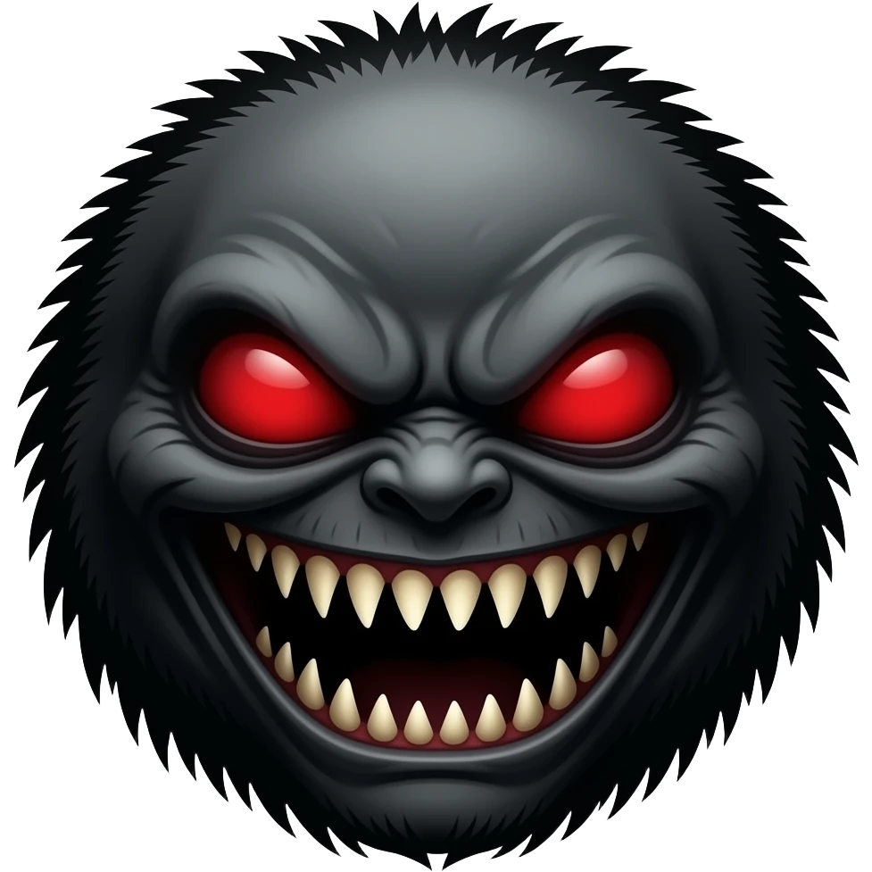 Terrifying monster face, glowing red eyes, evil grin, sharp teeth ...