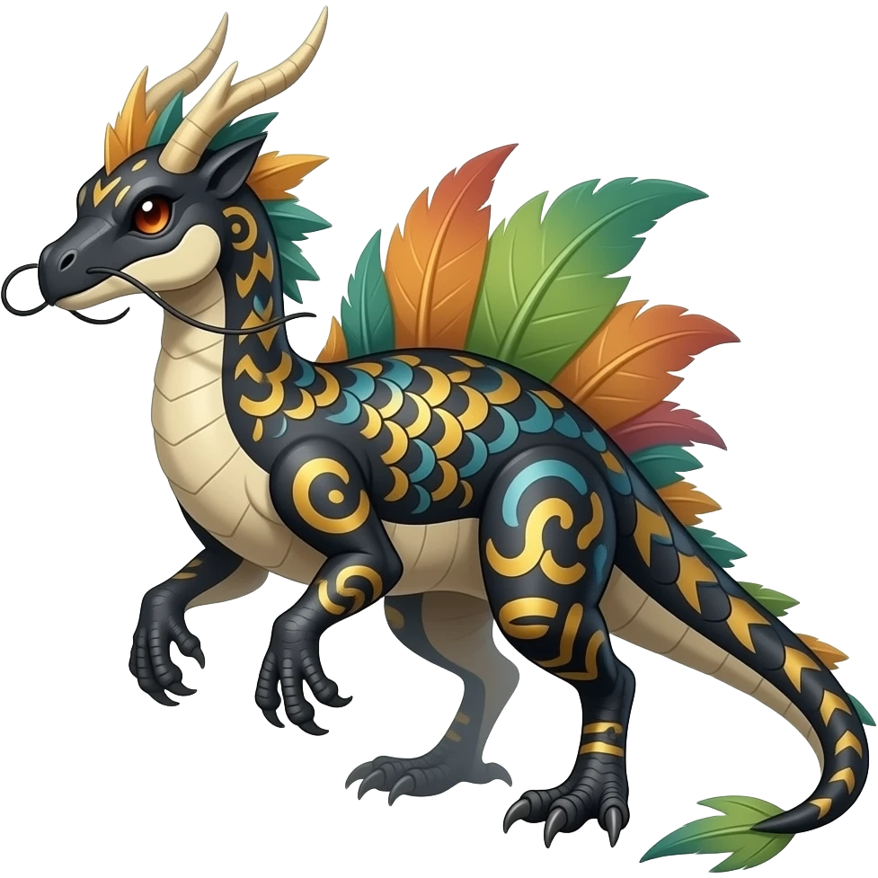 scaly shiny frilled spiky frilly feathery raptorik finned patterned tribal-patterned digitigrade quadrupedal Vaporeon-Salandit-Umbreon-Salamence-hybrid with long thin dragon whiskers emoji